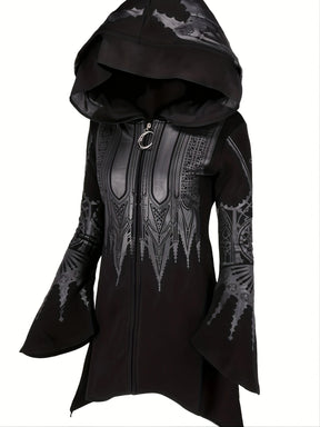 Angled front view of cathedral print gothic zip hoodie