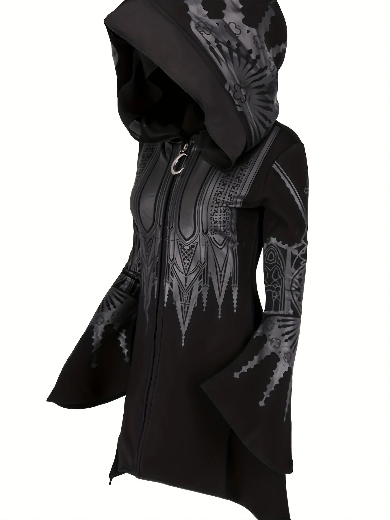 Side angle of black cathedral hoodie showing flared sleeves