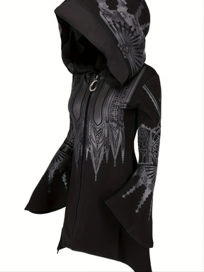 Side angle of black cathedral hoodie showing flared sleeves