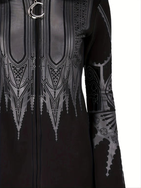 Close-up of crescent moon zipper pull on cathedral print hoodie