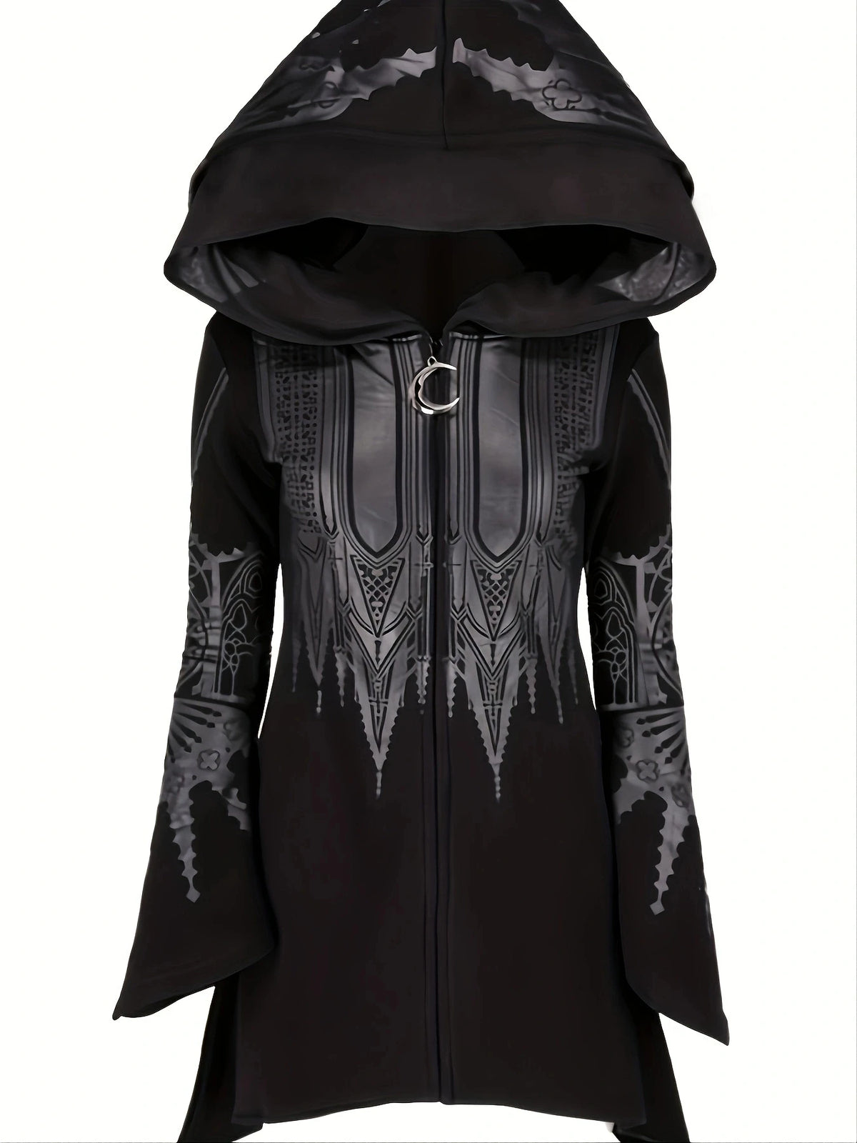 Front view of long witchy hoodie with cathedral print and pointed hem