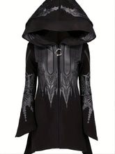 Front view of long witchy hoodie with cathedral print and pointed hem