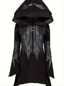 Front view of long witchy hoodie with cathedral print and pointed hem