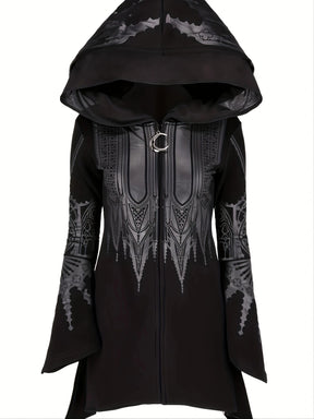 Front view of long witchy hoodie with cathedral print and pointed hem