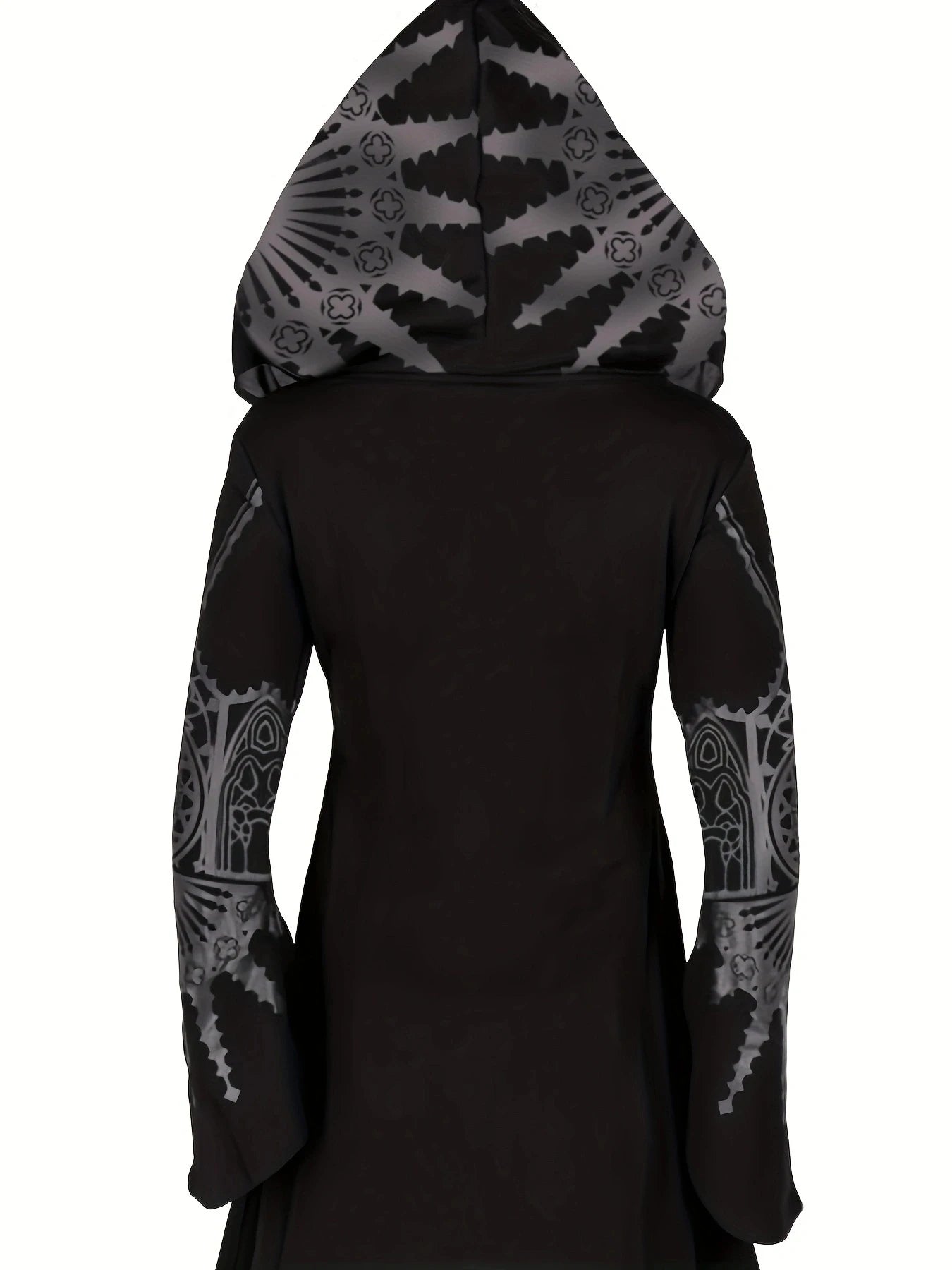 Back of gothic cathedral hoodie showing printed hood and sleeves