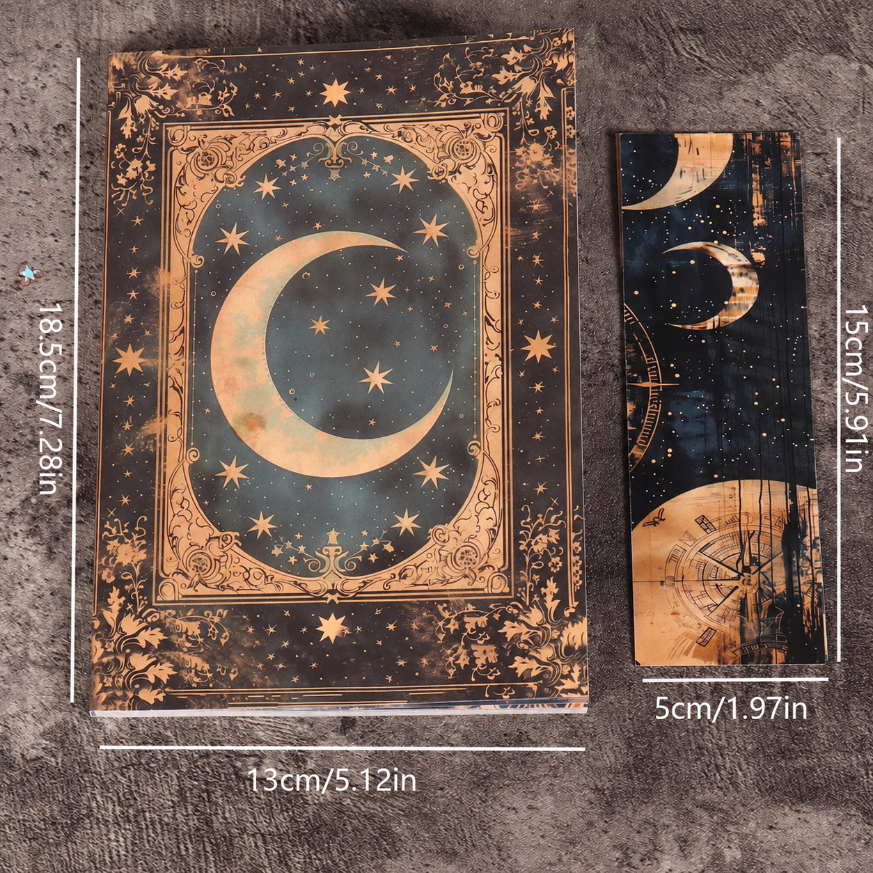 Measurement guide for the moon-and-stars journal and matching bookmark, with book and bookmark dimensions marked.
