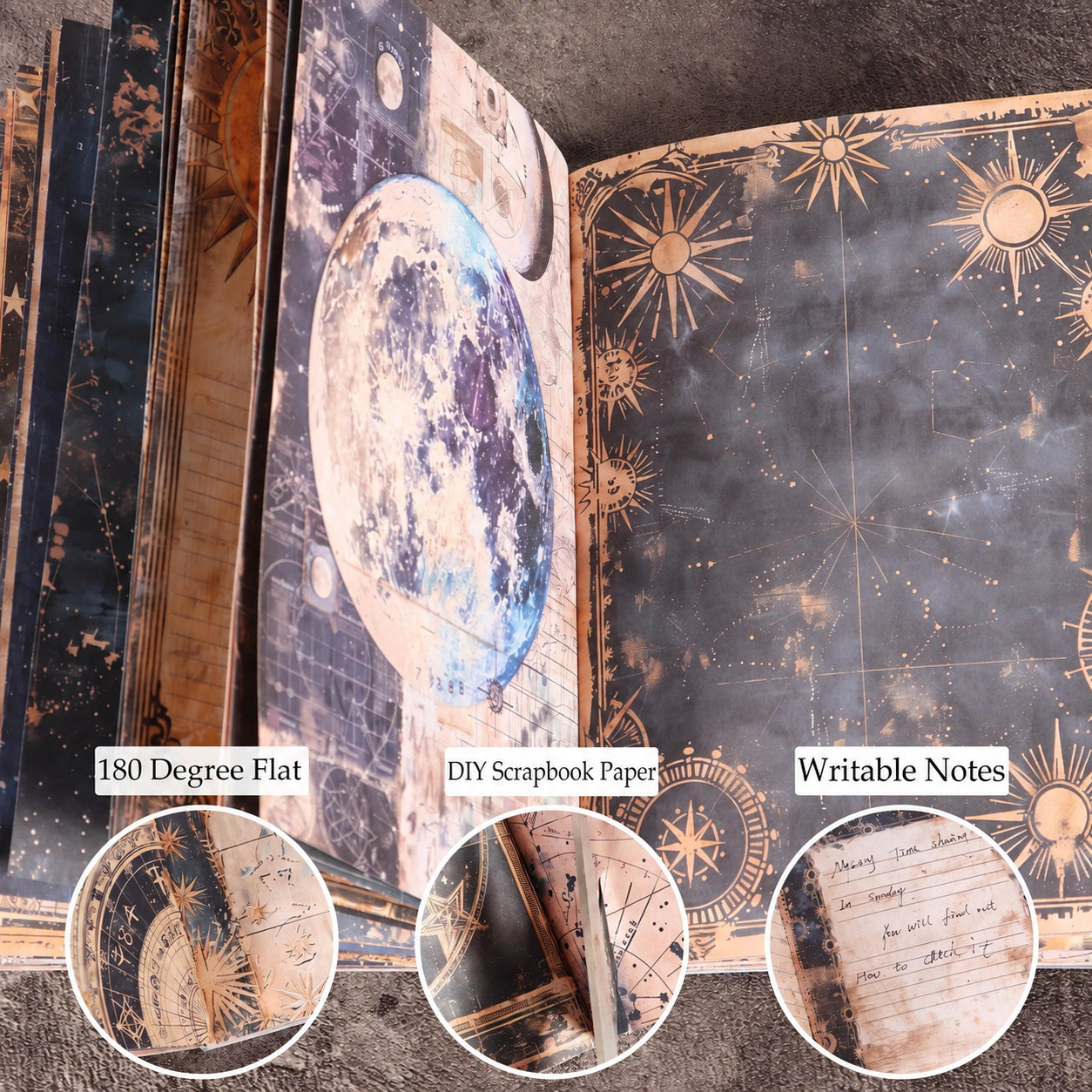 Open celestial notebook with moon and constellation artwork, plus inset views of its flat opening, craft pages and writing areas.
