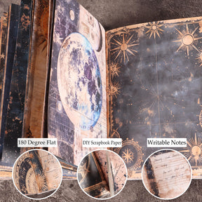Open celestial notebook with moon and constellation artwork, plus inset views of its flat opening, craft pages and writing areas.