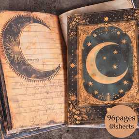 Celestial junk journal with an ornate crescent cover beside a lined moon page in warm aged-paper tones.