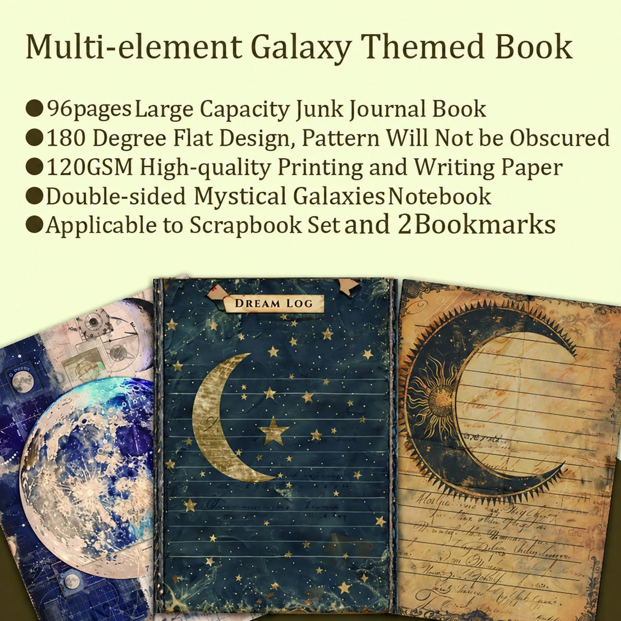 Journal feature graphic showing lined lunar pages, a dark crescent page and details about the printed paper and included bookmarks.