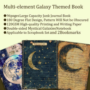 Journal feature graphic showing lined lunar pages, a dark crescent page and details about the printed paper and included bookmarks.