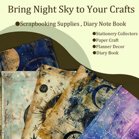 Celestial scrapbook pages fanned out with moon, sun and star-chart artwork in blue, gold, pale green and purple tones.
