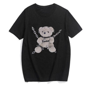 Black short-sleeved teddy bear tee with gray graphic and silver chains perfect for dark fashion lovers