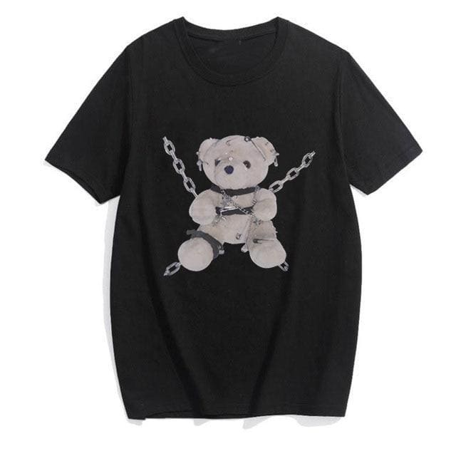 Black short-sleeved teddy bear tee with gray graphic and silver chains perfect for dark fashion lovers