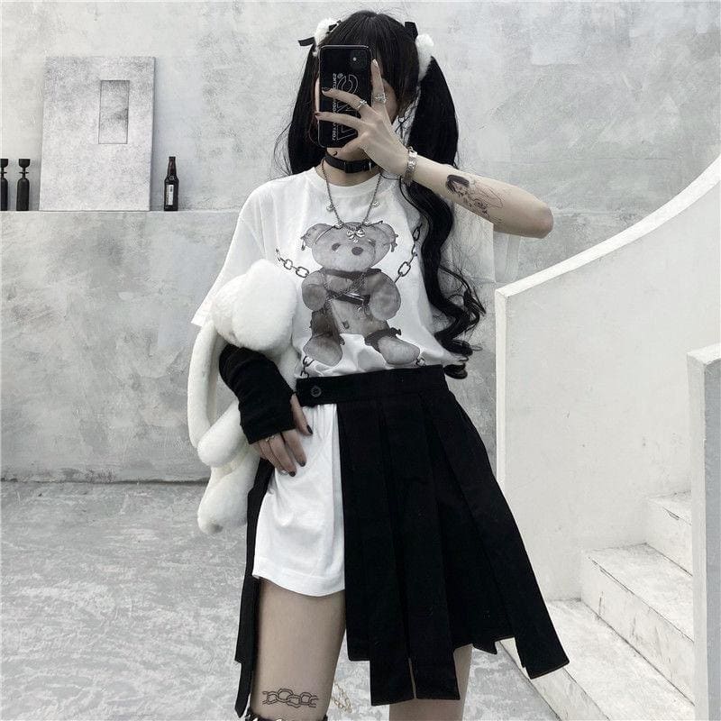 White oversized t-shirt with black and gray teddy bear graphic wearing a chain necklace perfect for dark fashion fans