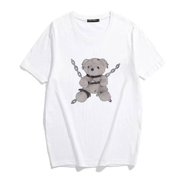 White short-sleeved t-shirt with gray teddy bear graphic featuring chains and black straps for dark fashion style