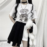 White t-shirt with a detailed grayscale teddy bear wearing chains and accessories perfect for dark fashion fans