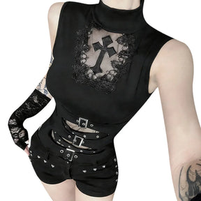 Close-up of lace-trimmed cross panel and three front buckles
