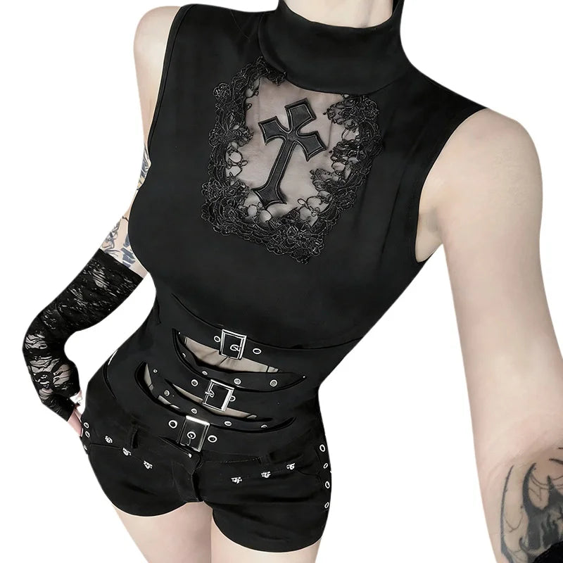 Close-up of lace-trimmed cross panel and three front buckles