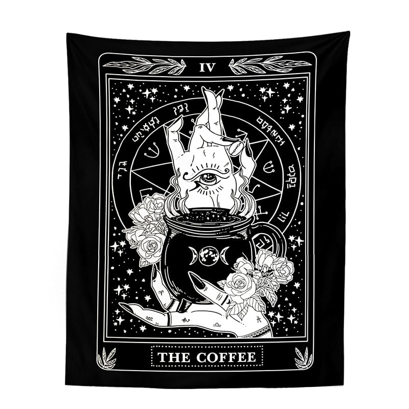 Black-and-white Coffee tarot-style tapestry with a cup, illustrated hands, roses and stars inside an ornate rectangular frame.