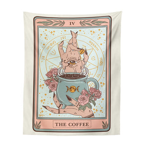 The Coffee tapestry in pale blue and pink, showing a cup held between illustrated hands with roses, stars and a circular symbolic background.