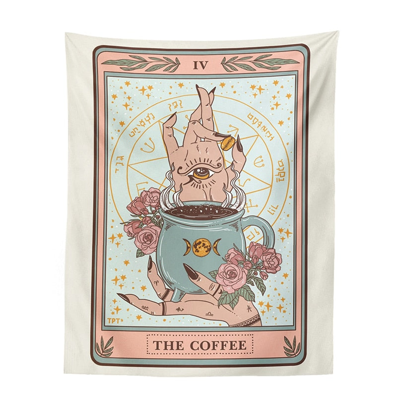 The Coffee tapestry in pale blue and pink, showing a cup held between illustrated hands with roses, stars and a circular symbolic background.