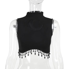 Crescent moon crop top on a mannequin showing the sheer inset and teardrop bead fringe
