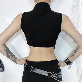 Back view of the black sleeveless gothic crop top with its curved beaded hem