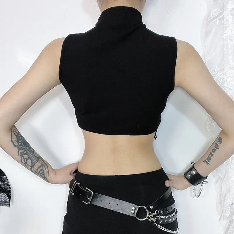 Back view of the black sleeveless gothic crop top with its curved beaded hem