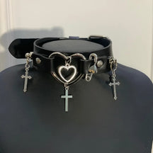 Black choker with nested open hearts, three hanging crosses and an adjustable buckle.
