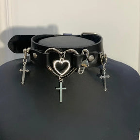Black choker with nested open hearts, three hanging crosses and an adjustable buckle.