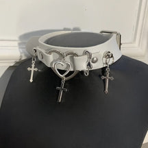 White band choker with silver-tone double-heart hardware and dangling cross charms.