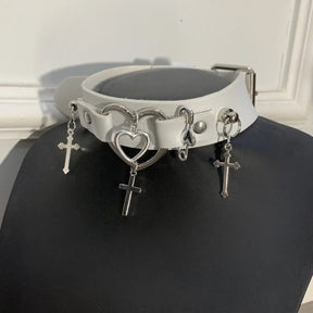 White band choker with silver-tone double-heart hardware and dangling cross charms.