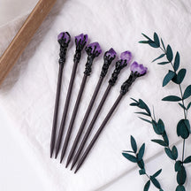 Purple cluster crystal hair sticks with sculpted dark settings