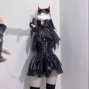 Black glossy demon priestess dress with lace-up front and layered tulle skirt perfect for cosplay dress looks