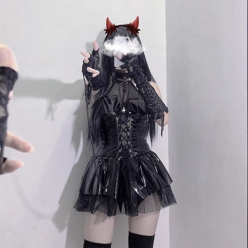 Black glossy demon priestess dress with lace-up front and layered tulle skirt perfect for cosplay dress looks