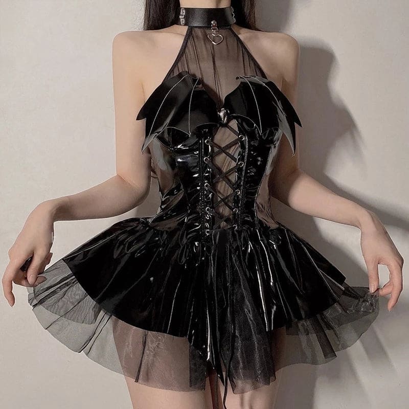 Black patent leather demon priestess dress with bat-wing details and sheer tulle skirt perfect for cosplay dress