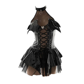 Black patent leather demon priestess dress with bat wings lace-up front and sheer mesh overlay cosplay dress