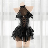 Black patent leather demon priestess dress with bat-wing accents lace-up front sheer mesh and layered ruffles cosplay dress