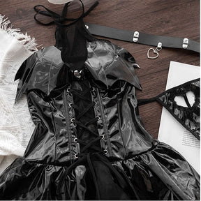 Black glossy vinyl gothic cosplay dress with bat-wing shoulders and lace-up front perfect for demon priestess looks