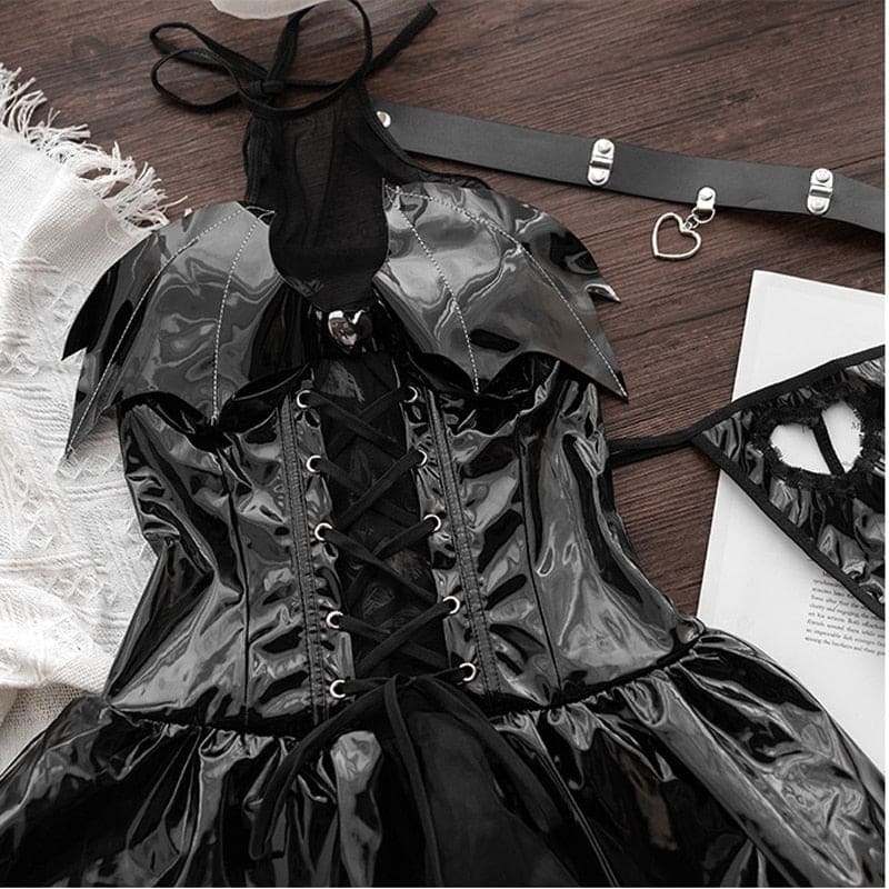 Black glossy vinyl gothic cosplay dress with bat-wing shoulders and lace-up front perfect for demon priestess looks