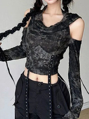Distressed black hooded crop top with shoulder cutouts, hood down