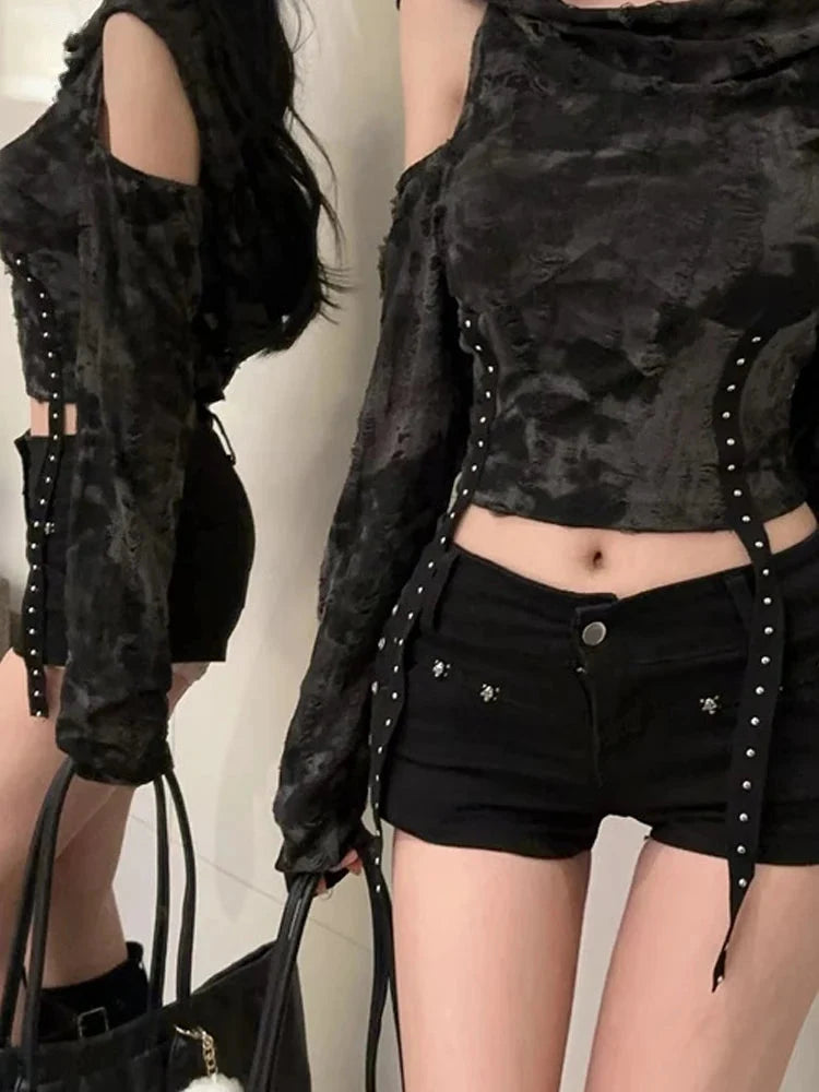 Two outfit views of hooded grunge crop top with black shorts