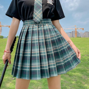 Pleated green and white plaid skirt with high waistband from electric plaid skirt collection with color options perfect for school girl style