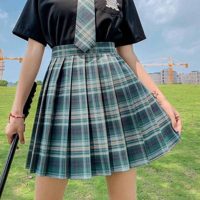 Pleated green and white plaid skirt with high waistband from electric plaid skirt collection with color options perfect for school girl style