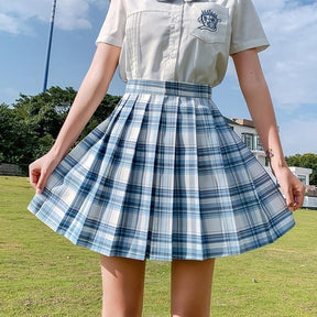 Pleated blue and white plaid skirt with fitted waistband in electric plaid skirt collection with 17 color options perfect for school girl style