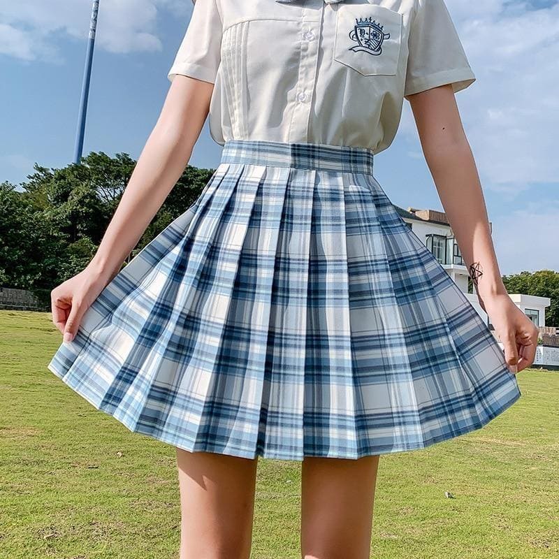 Pleated blue and white plaid skirt with fitted waistband in electric plaid skirt collection with 17 color options perfect for school girl style
