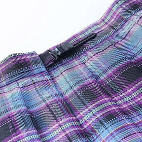 Purple and blue plaid skirt with pleats and black zipper pull perfect for school girl style in multiple color options
