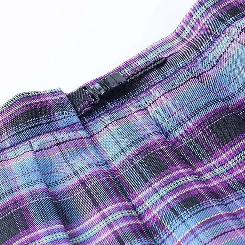 Purple and blue plaid skirt with pleats and black zipper pull perfect for school girl style in multiple color options