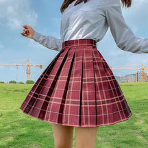 Pleated maroon and white plaid skirt with high waistband from electric plaid skirt collection in school girl style